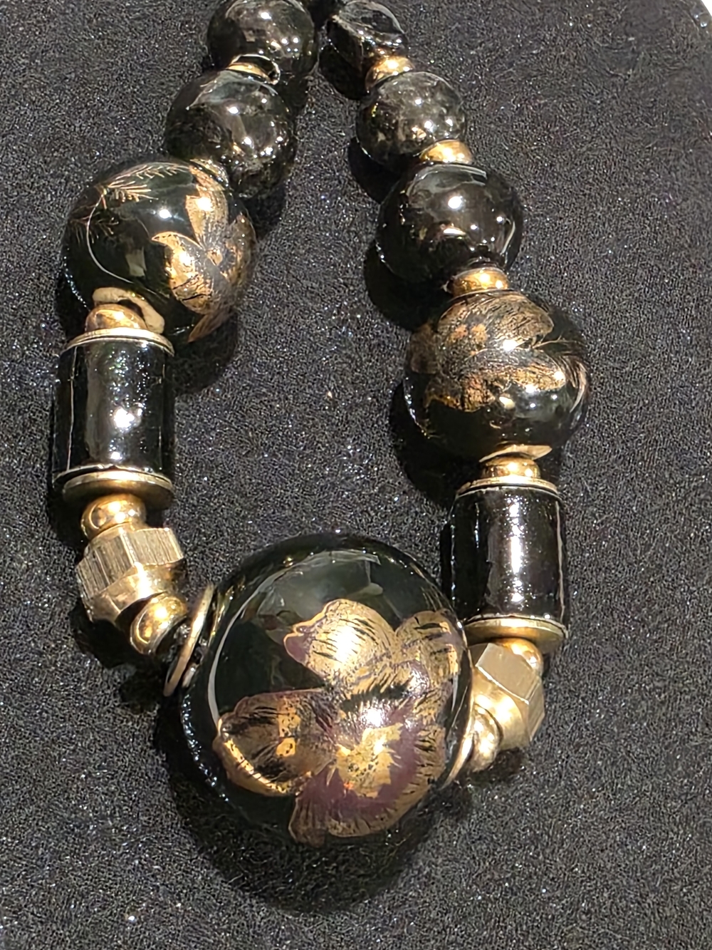 Vintage Black, Plum And Gold Floral Beaded Necklace On Cord